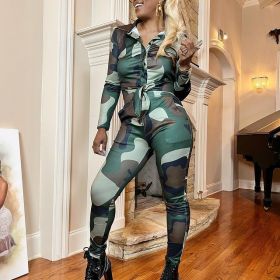 Camouflage, sports, suit, military green, T-shirt, two piece set
