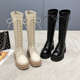 Knee length, elastic, lace up, high boots, thick soled boots