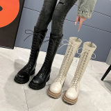 Knee length, elastic, lace up, high boots, thick soled boots