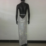 Full diamond, neck, suspender dress