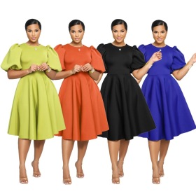 Round neck, bubble sleeves, waistband, A-line dress