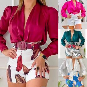 V-neck, long sleeve, solid color shirt, printed shorts, two-piece set
