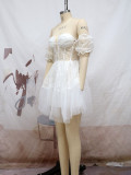 V-neck, off shoulder, lace mini princess skirt