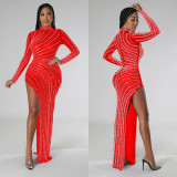 Solid color, mesh, hot drill, long sleeve, dress