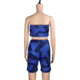 Geometric Print, Klein Blue, Wrapped Chest Shorts, Three Piece Set