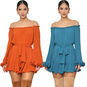 Off shoulder, long sleeve, pitted strip, pleated, short dress with strap