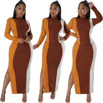 Color blocking, splicing, long sleeve pullover, dress