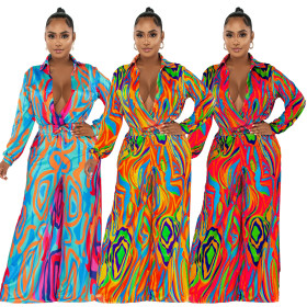 Casual, printed, lapel, long sleeve, wide leg jumpsuit