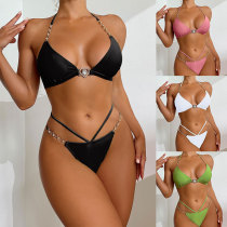 Crystal chain, split swimsuit, lace up, low waist triangle bikini