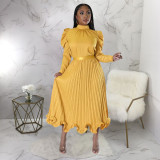 Bubble sleeve top, ruffle, pleated skirt, two-piece set