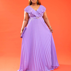 Long skirt with belt, ruffle and pleated hem