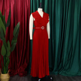 Long skirt with belt, ruffle and pleated hem