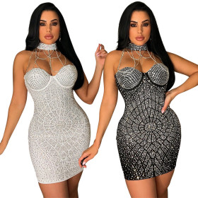 Nightclub style, hot drilling, neck chain, splicing backless skirt
