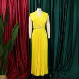 Long skirt with belt, ruffle and pleated hem