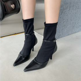 Pointed head, thin high heel, belt buckle, splicing elasticity, socks and boots