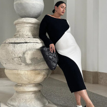 Casual, knitted, color blocking dress