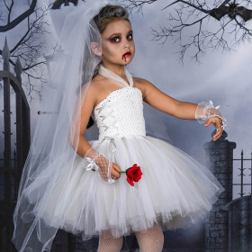 Halloween, children, ghost bride dress, cosplay, poncho dress
