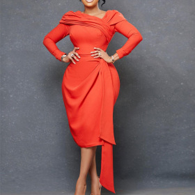 Solid color, long sleeve, sloping collar, pleat, dress