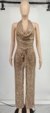 Neck hanging, lace up, sequins, sleeveless jumpsuit