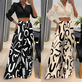 Solid color top, printed wide leg pants, two piece set