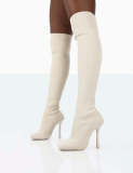 Square head, knitted, elastic, over knee boots, elastic, thin heel boots