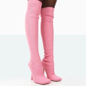 Square head, knitted, elastic, over knee boots, elastic, thin heel boots