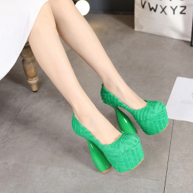 Thick sole, water table, green towel material, thick heel round head, high heel sandals
