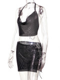 Metal, sequins, suspenders, strapping skirt