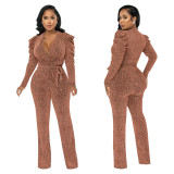 Waist collection, V-neck, bubble sleeves, bright knit jumpsuit