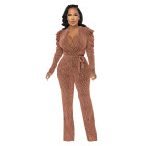 Waist collection, V-neck, bubble sleeves, bright knit jumpsuit