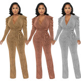 Waist collection, V-neck, bubble sleeves, bright knit jumpsuit
