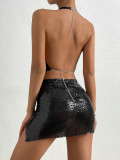 Metal, sequins, suspenders, strapping skirt