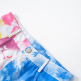 Tie dye, cartoon print, pocket, flare overalls