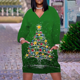 Christmas print, mid skirt pullover, V-neck dress