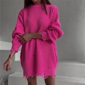 Solid color, round neck, long sleeve, worn hem, loose knit, pullover sweater