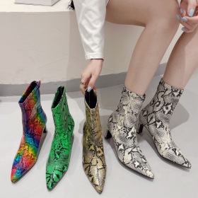 High heel, short tube, snake shaped pointed boots, square heel