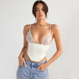 Lace, satin, splicing, fish bone, suspender vest, irregular top
