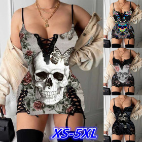 Skull print, sleeveless, suspenders, hip wrap skirt
