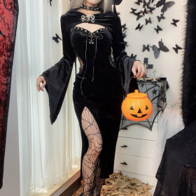 Halloween, Dress Set, Hooded Flare Sleeves, Spider Web Dress