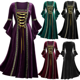 Gothic, punk style, long sleeve, lace up gold velvet dress
