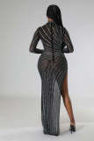 Long skirt, high split, solid color, mesh hot drilling, evening dress
