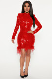 Hip wrap skirt, long sleeves, round neck, sequined feathers, party dress