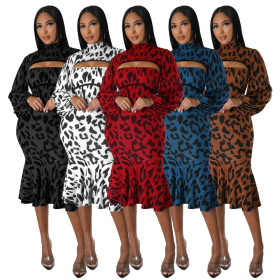 Lantern sleeves, ruffle skirt, suit, leopard print two-piece set