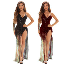 Hip wrap skirt, sequins, V-neck, suspender, high slit, dress