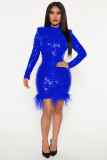 Hip wrap skirt, long sleeves, round neck, sequined feathers, party dress