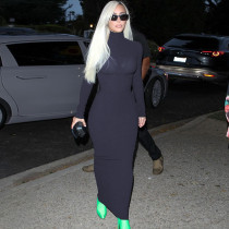 Solid color, high collar, long sleeve temperament, dress