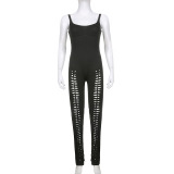 Hollow out, lace up, solid suspender jumpsuit