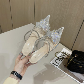 Four season shoes, water cup heel, rhinestone, transparent, Baotou shoes