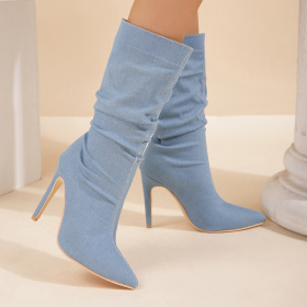Large, pointed denim boots, pleated, stiletto boots