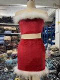 Christmas, plush, off the collar, color contrast, chest skirt, hip skirt suit